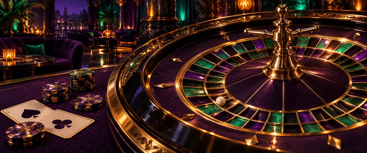 Gouden roulettewiel en fiches in een paars en groen verlichte casinoruimte