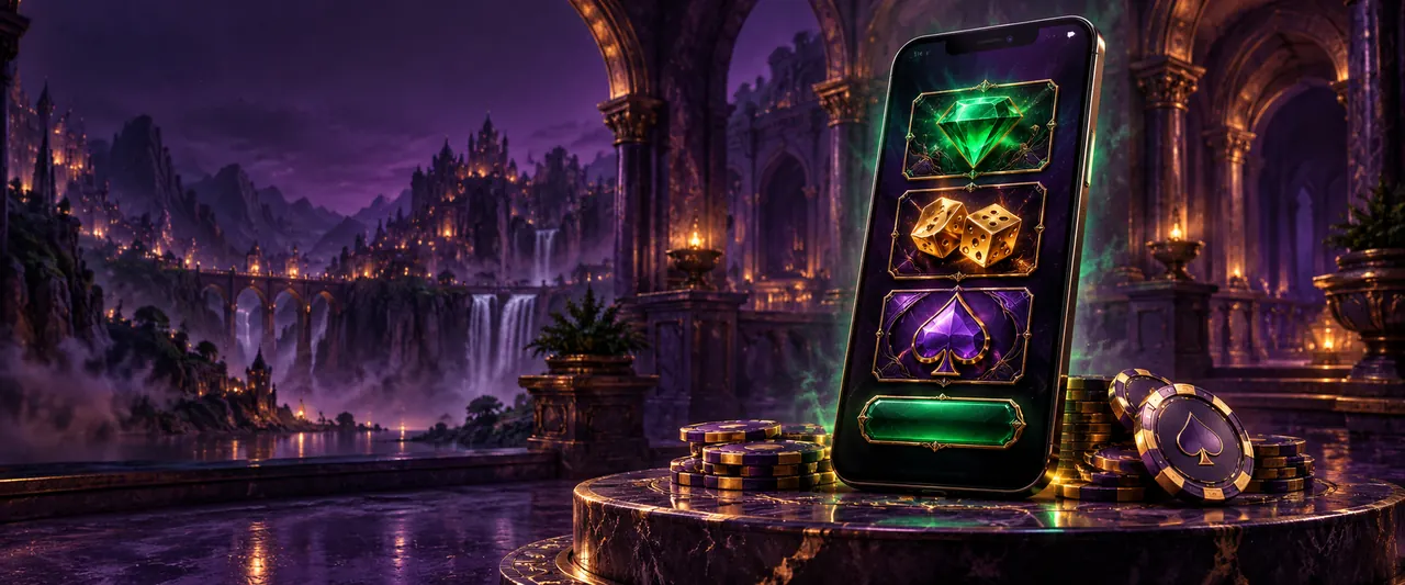 Illustratie van een smartphone met groene edelstenen en paarse spelkaarten