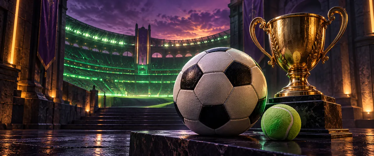 Voetbal, tennisbal en gouden beker in een sfeervol stadion